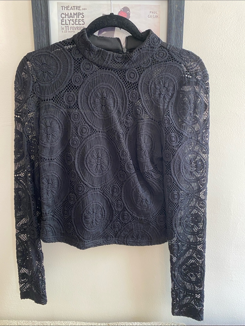 Women's Black Crochet Lace Mock-Neck Blouse